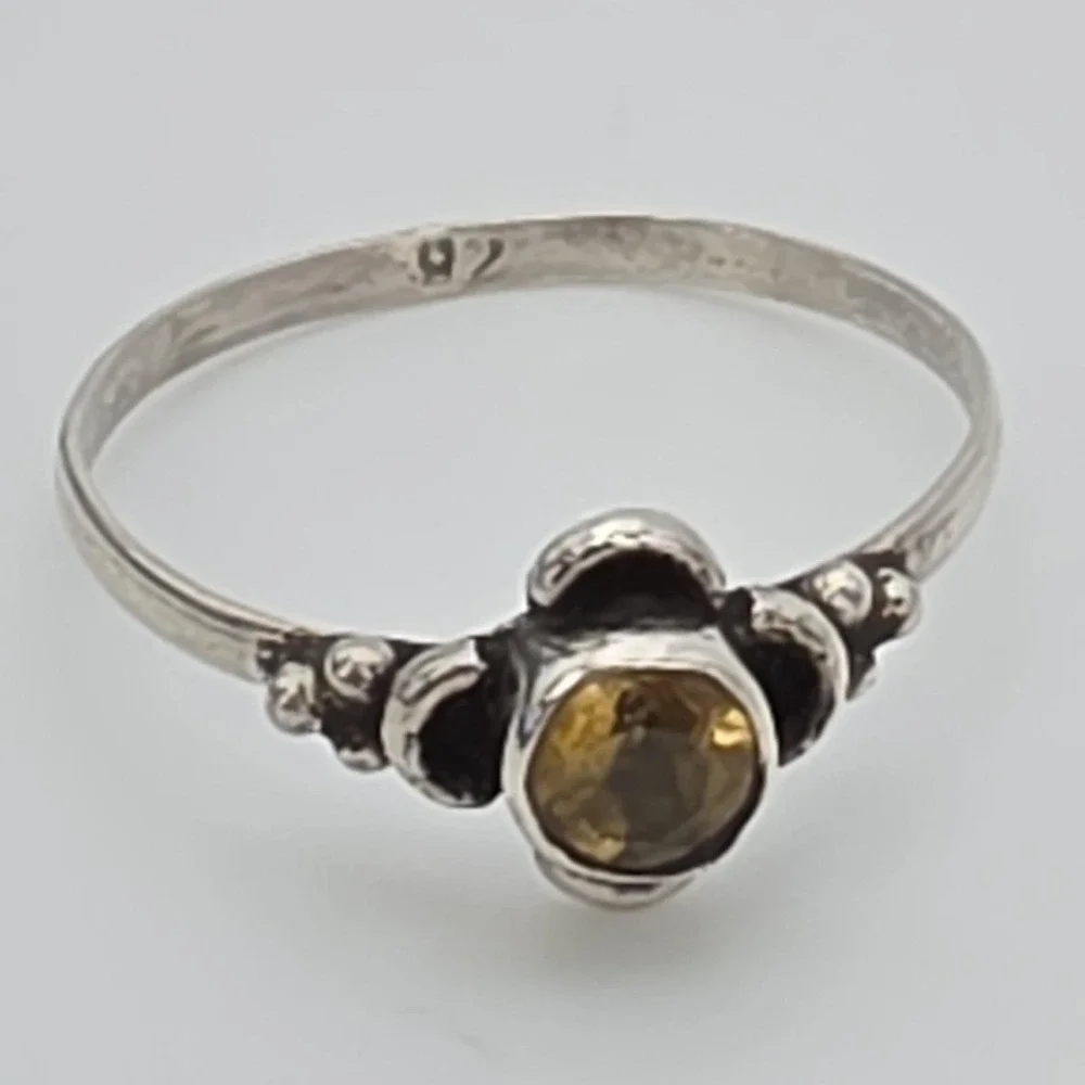 Vintage Genuine Citrine Ring 925 Sterling Silver Floral Design Petite Size 9